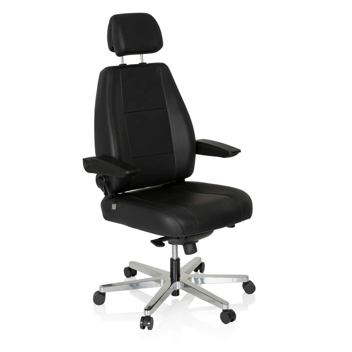 Silla giratoria XXL 24 HOURS negra de cuero con reposacabezas y base de cinco ruedas de hjh OFFICE – vista de 360° (vista frontal en diagonal 40°)