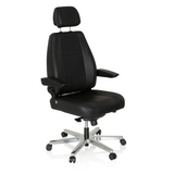 Silla giratoria XXL 24 HOURS negra de cuero con reposacabezas y base de cinco ruedas de hjh OFFICE – vista de 360° (vista frontal en diagonal 40°)