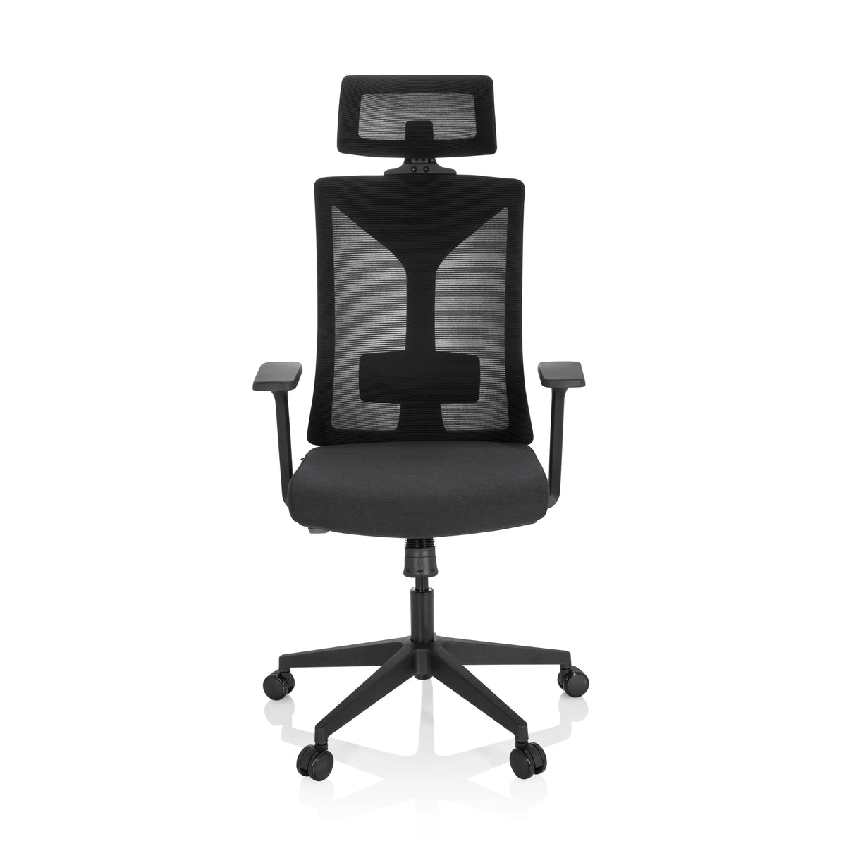 Silla de oficina profesional KODIAK negra con respaldo de malla, reposacabezas y base de cinco ruedas de hjh OFFICE – vista de 360° (vista frontal 0°)