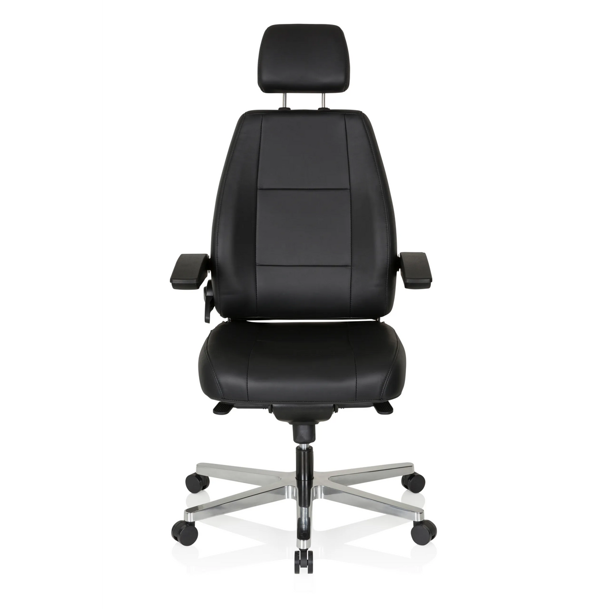 Silla giratoria XXL 24 HOURS negra de cuero con reposacabezas y base de cinco ruedas de hjh OFFICE – vista de 360° (vista frontal 0°)