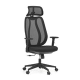 Silla de oficina profesional Filaro en color negro con respaldo de malla, reposacabezas y base de cinco ruedas de hjh OFFICE – vista de 360° (vista frontal en diagonal 30°)