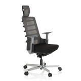 Silla alta gama SKARIF en color negro gris con respaldo de malla y base de cinco ruedas de hjh OFFICE – vista de 360° (vista frontal en diagonal 60°)