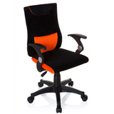 Silla giratoria para niños KIDDY PRO AL en color negro y naranja con cojín lumbar y base de cinco ruedas de hjh OFFICE – vista de 360° (vista frontal en diagonal 40°)