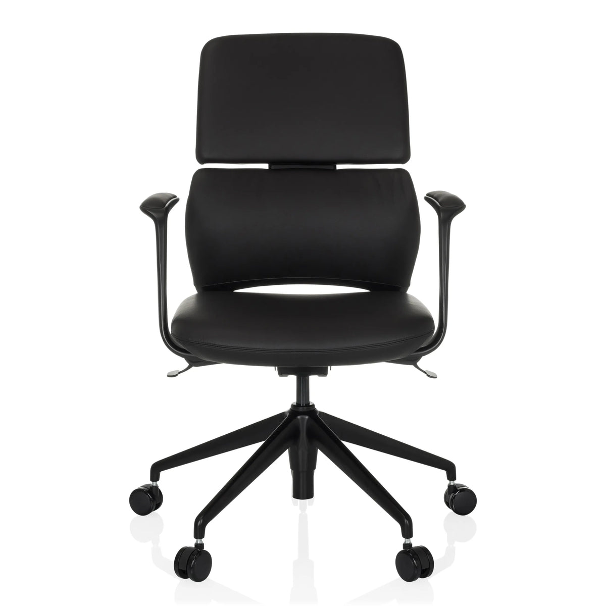 Silla de oficina profesional ATMOS DESIGNER negra con reposabrazos y base de cinco ruedas de hjh OFFICE – vista de 360° (vista frontal 0°)