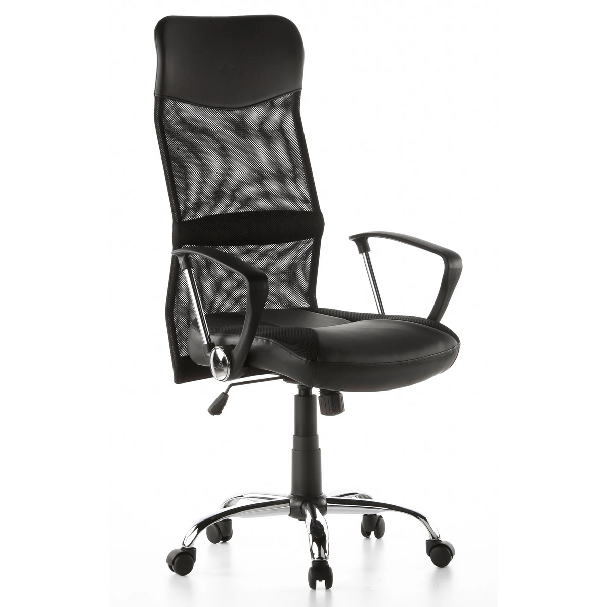 Sillón de oficina Home Office STRYKA negro con respaldo de malla, asiento de cuero sintético y base de estrella de hjh OFFICE – vista de 360° (vista frontal en diagonal 40°)