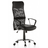 Sillón de oficina Home Office STRYKA negro con respaldo de malla, asiento de cuero sintético y base de estrella de hjh OFFICE – vista de 360° (vista frontal en diagonal 40°)
