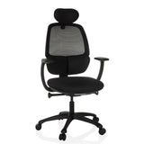 Silla de oficina profesional RI-COVER negra con respaldo de malla, reposacabezas y base de cinco ruedas de hjh OFFICE – vista de 360° (vista frontal 15°)