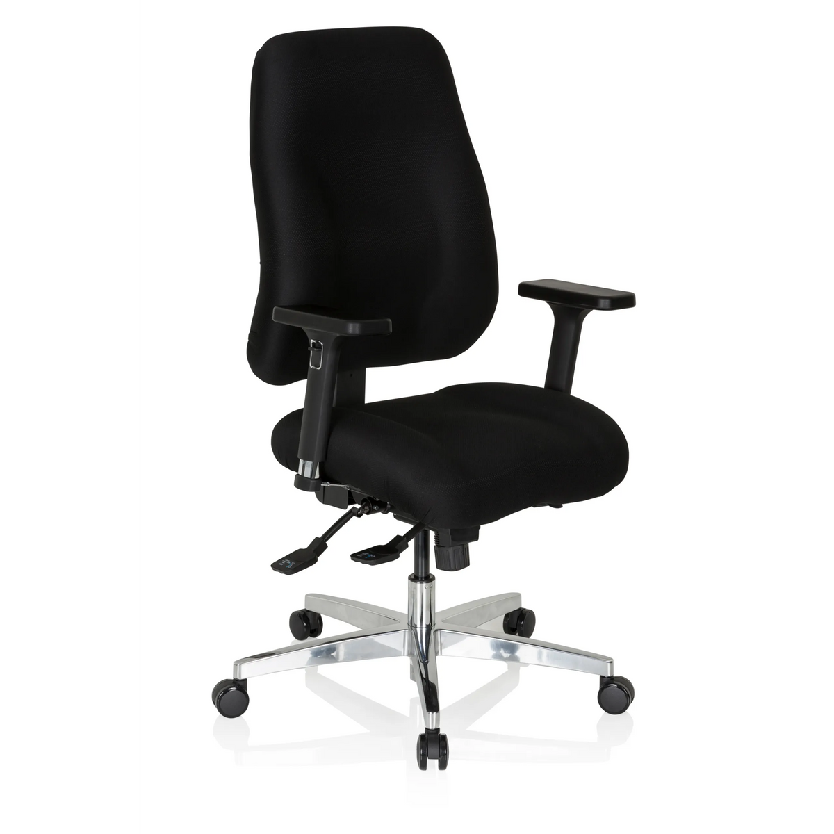 Silla de oficina profesional ZENIT COMFORT negra con reposabrazos y base de cinco ruedas de hjh OFFICE – vista de 360° (vista frontal en diagonal 40°)