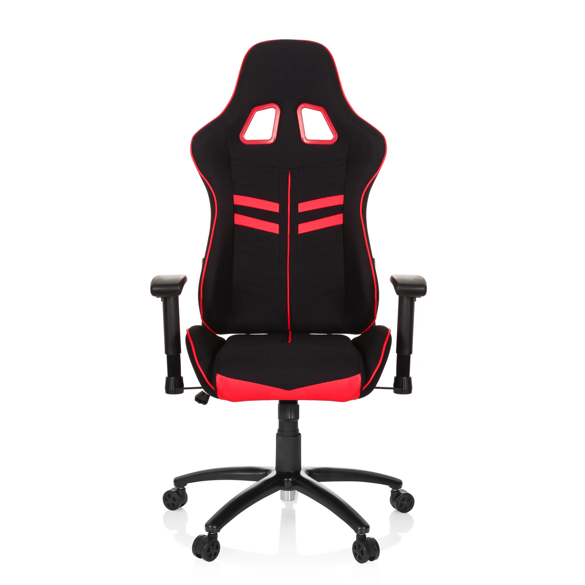 Silla gaming LEAGUE PRO I en negro y rojo con dos aberturas para el reposacabezas y base de cinco ruedas de hjh OFFICE – vista de 360° (vista frontal 0°)