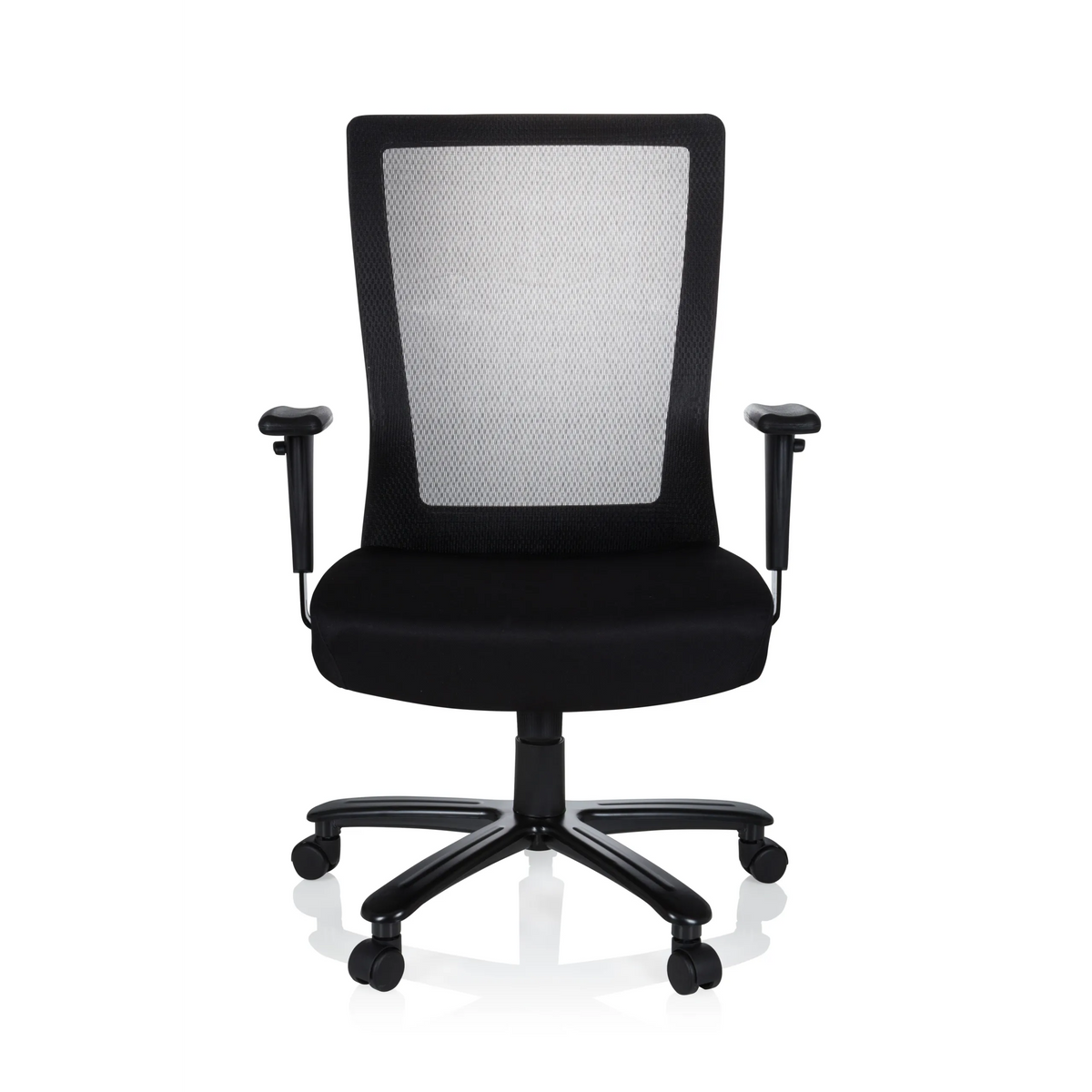 Silla giratoria XXL EXTENDER negra con respaldo de malla y base de cinco ruedas de hjh OFFICE – vista de 360° (vista frontal 0°)