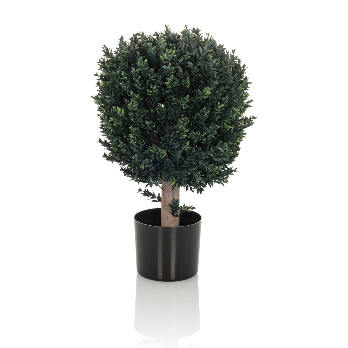 Planta artificial verde BUXUS en forma de árbol esférico con maceta negra de hjh OFFICE – vista de 360° (vista frontal 0°)