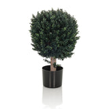 Planta artificial verde BUXUS en forma de árbol esférico con maceta negra de hjh OFFICE – vista de 360° (vista frontal 0°)