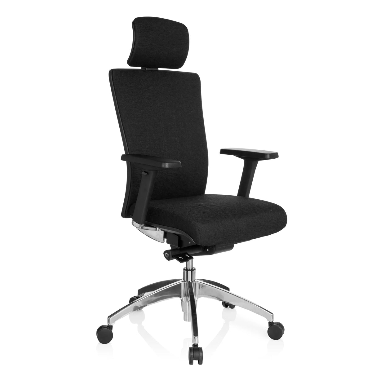 Silla de oficina profesional ASTRA LUX negra con reposacabezas, reposabrazos y base de cinco ruedas de hjh OFFICE – vista de 360° (vista frontal en diagonal 40°)