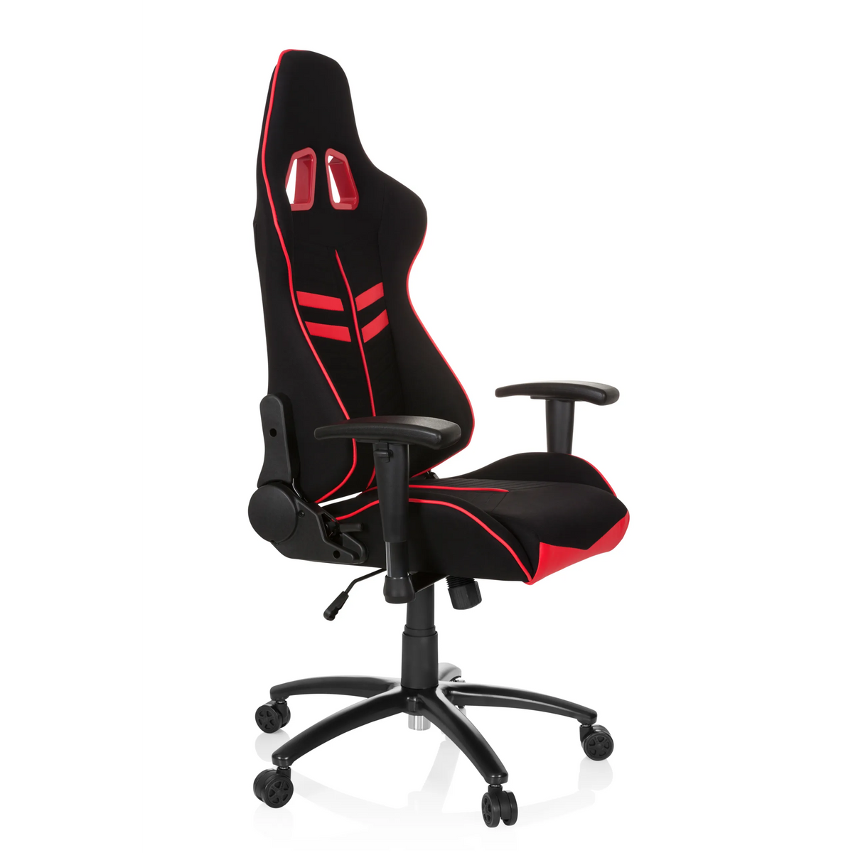 Silla gaming LEAGUE PRO I en negro y rojo con dos aberturas para el reposacabezas y base de cinco ruedas de hjh OFFICE – vista de 360° (vista frontal en diagonal 60°)