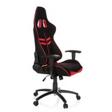 Silla gaming LEAGUE PRO I en negro y rojo con dos aberturas para el reposacabezas y base de cinco ruedas de hjh OFFICE – vista de 360° (vista frontal en diagonal 60°)