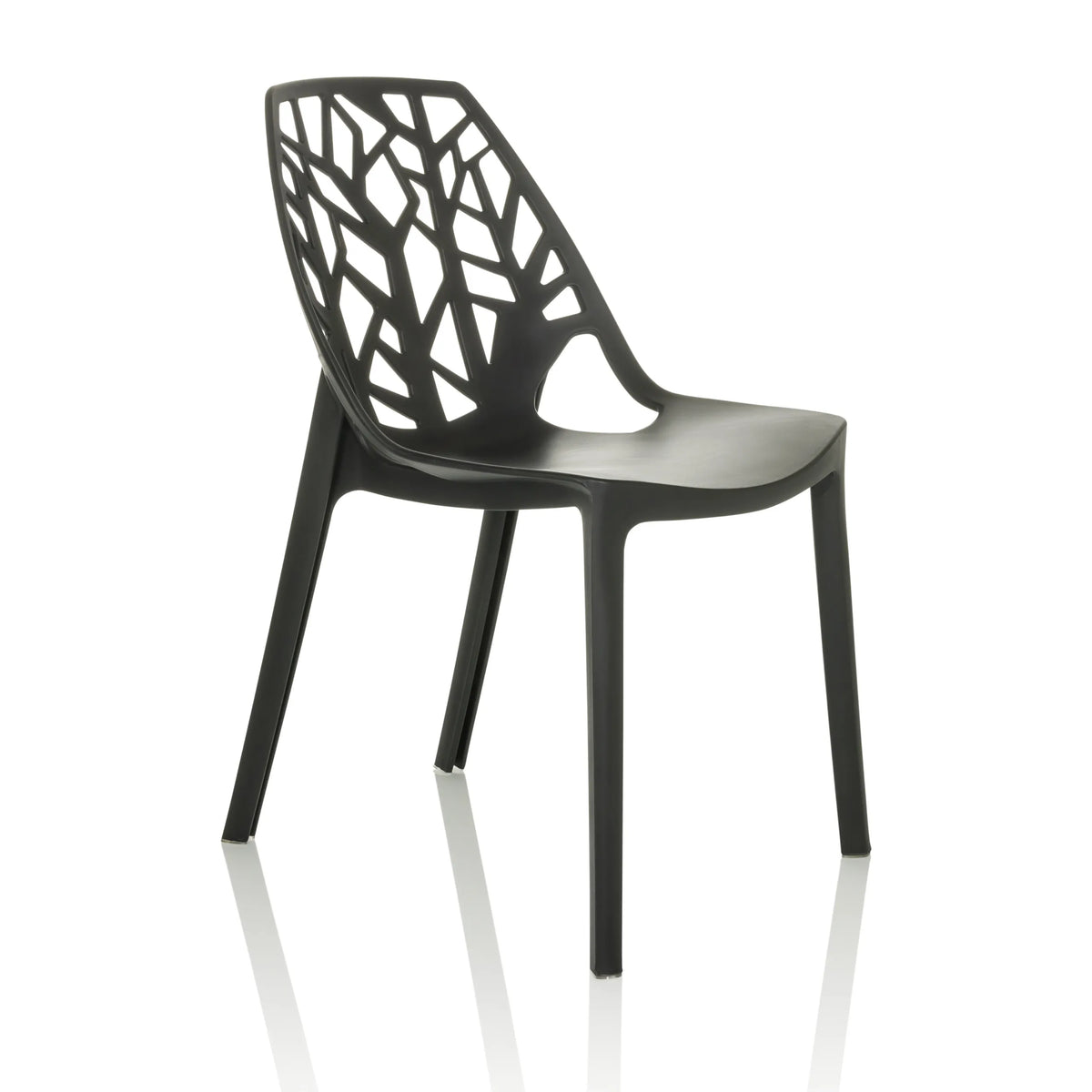 Silla de exterior ARTIFO TRI negra con respaldo perforado de aspecto orgánico de hjh OFFICE – vista de 360° (vista frontal en diagonal 45°)