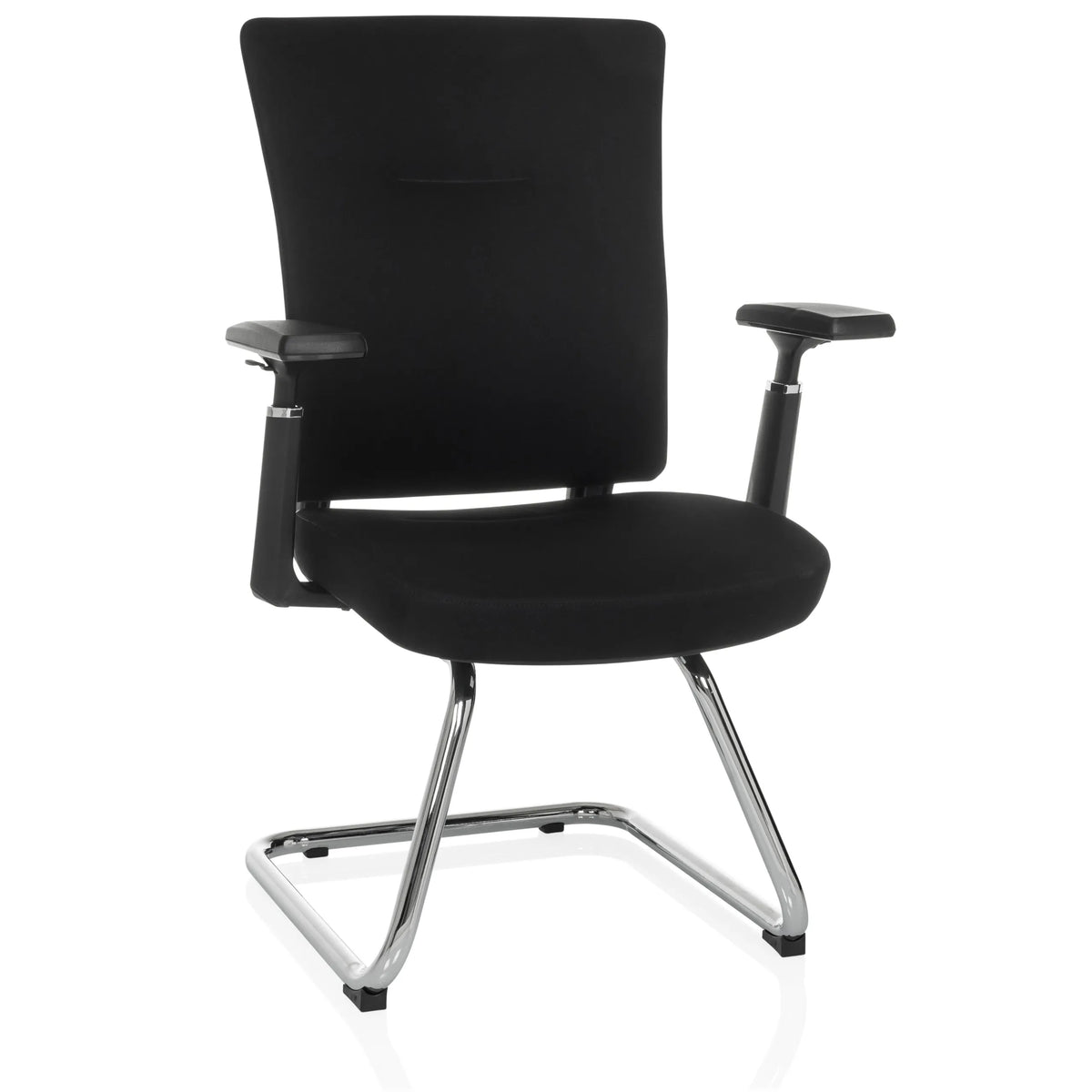 Silla viga voladiza CAPTIVO PRO V negra con reposabrazos y tapizado en tela de hjh OFFICE – vista de 360° (vista frontal 15°)