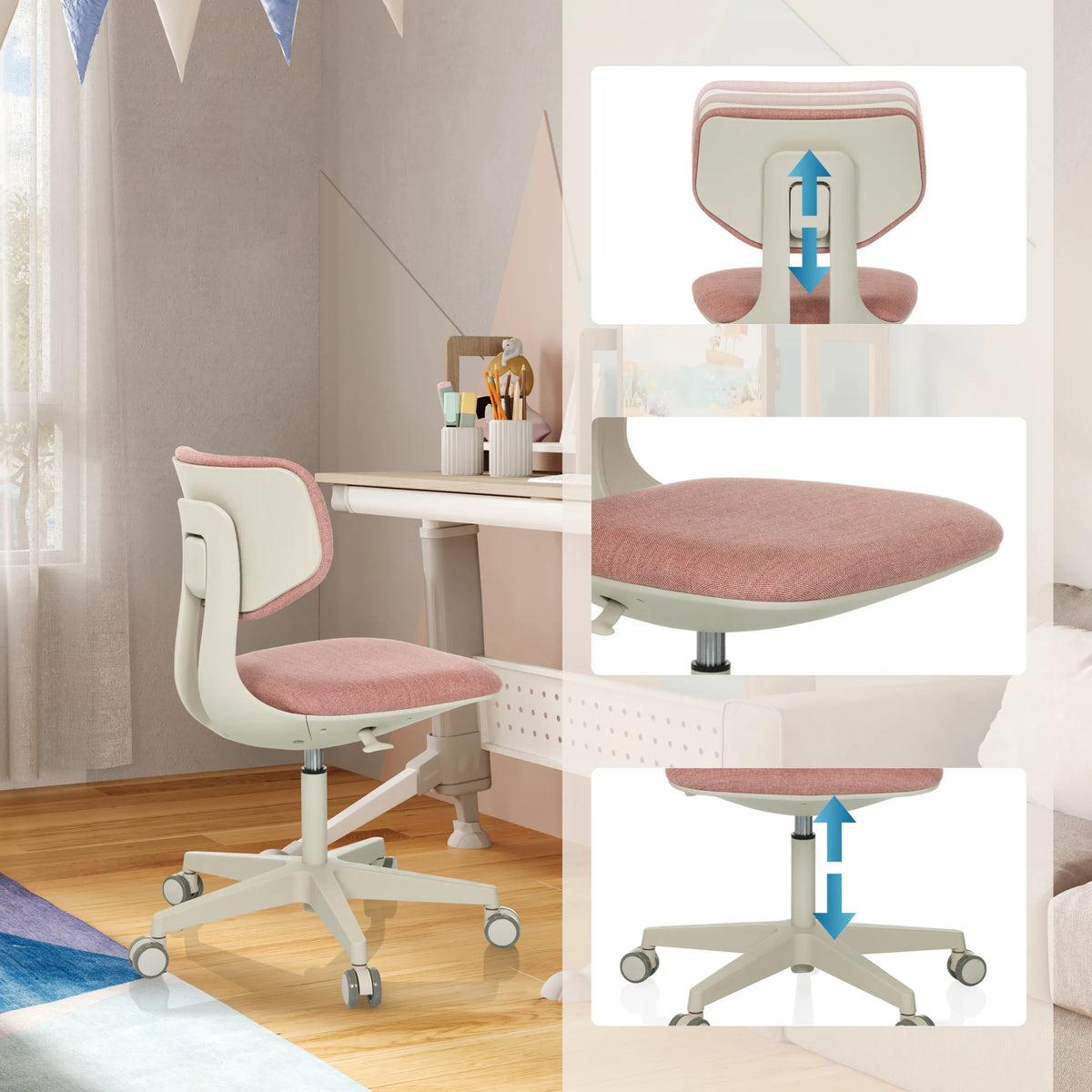 Respaldo y asiento ajustables en altura de la Silla giratoria para niños KIDDY CLASSIC en rosa de hjh OFFICE