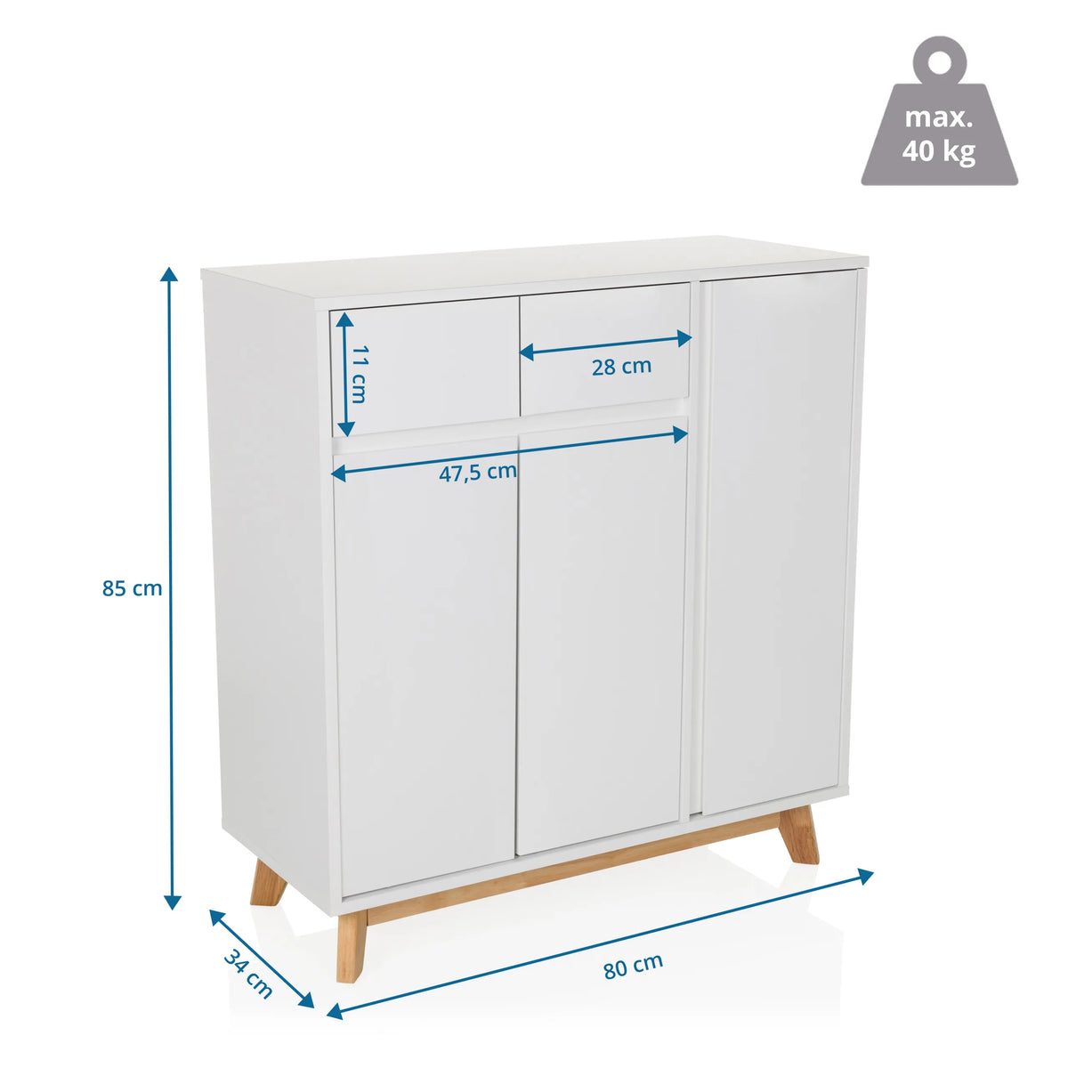 Dibujo dimensional de la Cómoda ESTHA con 80 × 85 cm y una carga máxima de 40 kg de hjh LIVING
