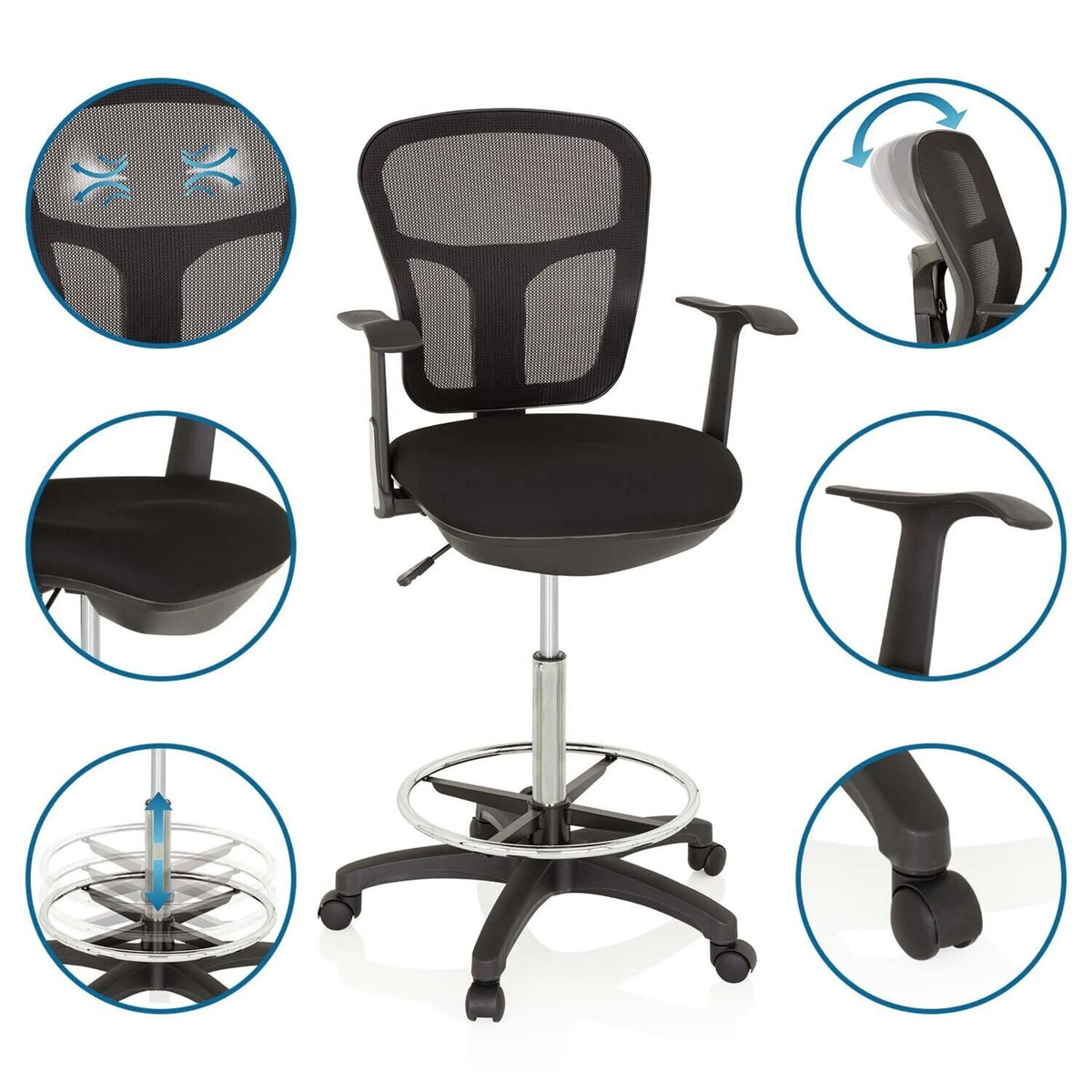 Silla de mostrador TOP WORK 108 en color negro con respaldo de malla, aro reposapiés y ruedas de hjh OFFICE