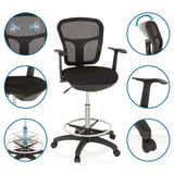 Silla de mostrador TOP WORK 108 en color negro con respaldo de malla, aro reposapiés y ruedas de hjh OFFICE