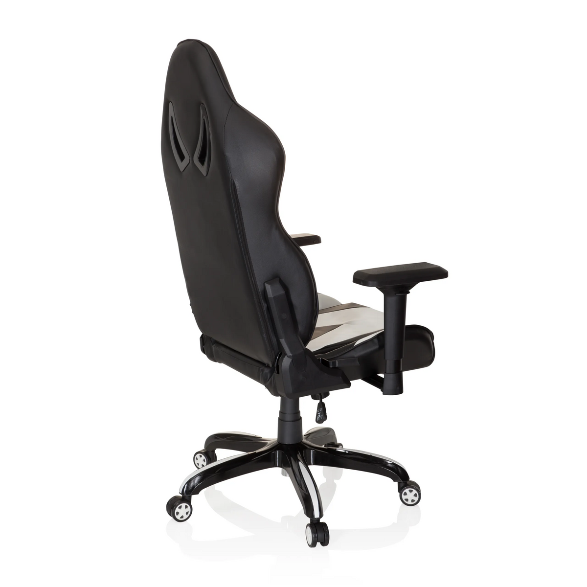 Silla gaming PROMOTER I en blanco y negro con reposabrazos y base de cinco ruedas de hjh OFFICE – vista de 360° (vista trasera en diagonal 120°)