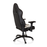 Silla gaming PROMOTER I en blanco y negro con reposabrazos y base de cinco ruedas de hjh OFFICE – vista de 360° (vista trasera en diagonal 120°)