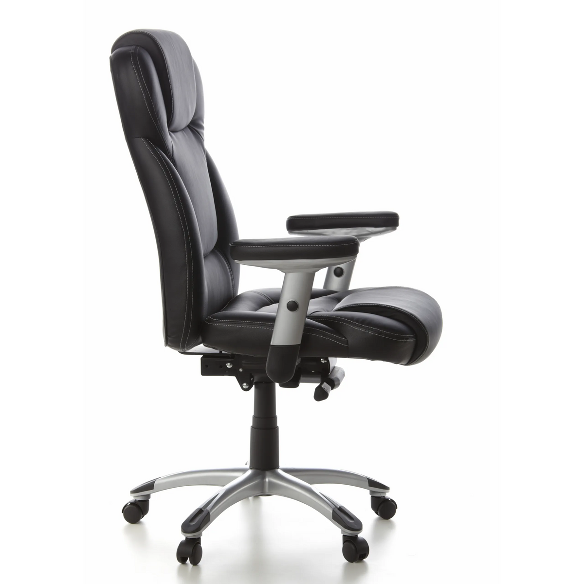 Sillón de oficina profesional EMBASSY 200 L negro con reposabrazos y base plateada de cinco ruedas de hjh OFFICE – vista de 360° (vista lateral 80°)