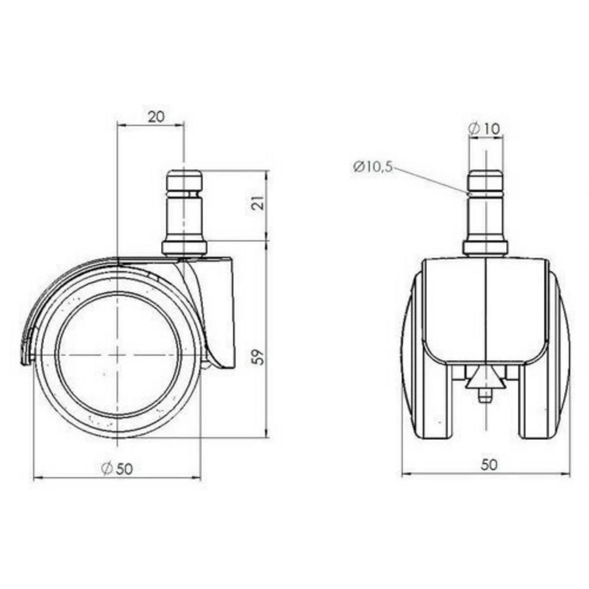 Dibujo técnico de las Ruedas para sillas 5x ROLO LUX 10mm/50mm con un diámetro de 50 mm de hjh OFFICE