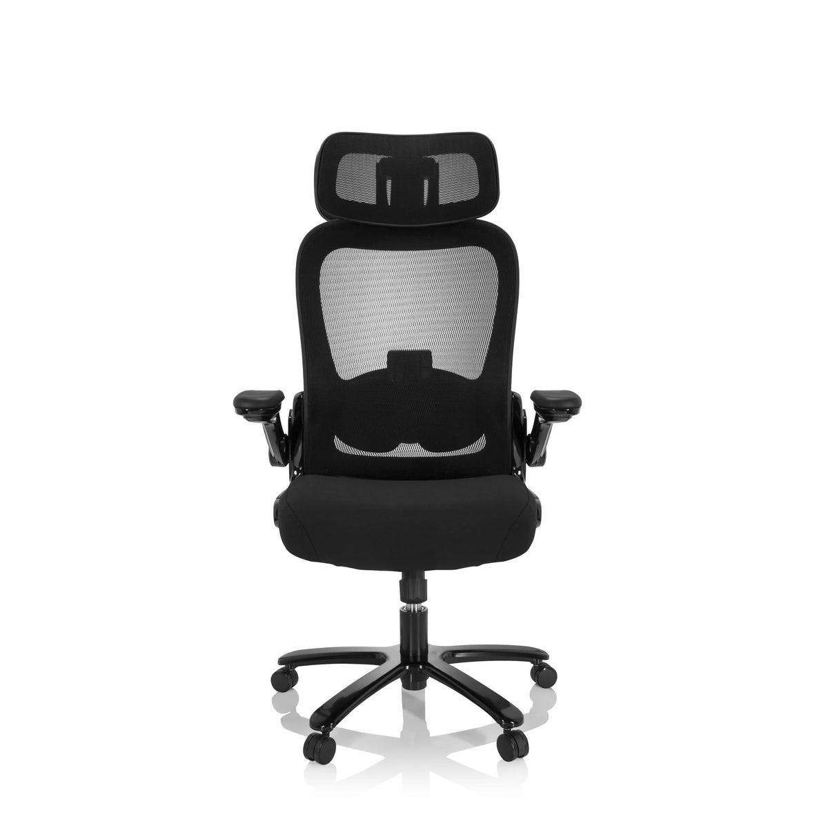 Silla giratoria XXL INSTRUCTOR SW I PRO negra con respaldo de malla, reposacabezas y base de cinco ruedas de hjh OFFICE – vista de 360° (vista frontal 0°)