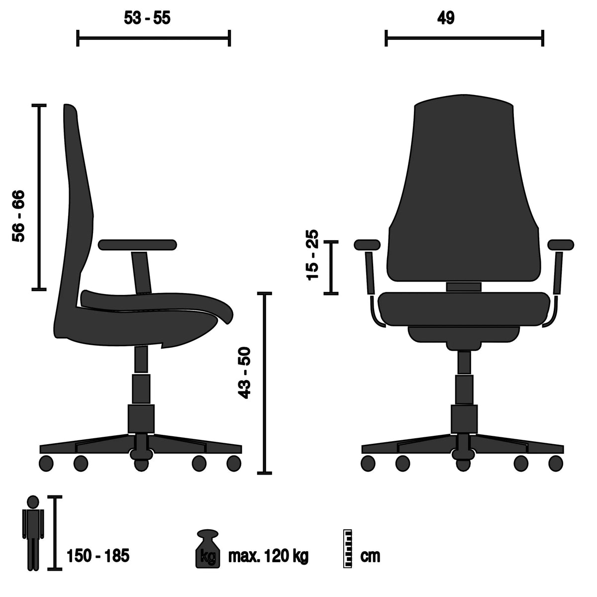 Dibujo técnico de la Silla de oficina profesional COLORE con una capacidad de carga máxima de 120 kg de hjh OFFICE