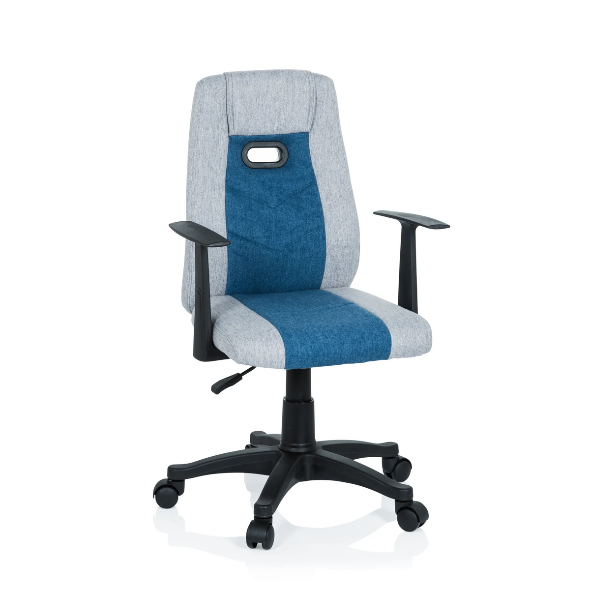 Silla giratoria para niños KIDDY EXTRA en color gris azulado con reposabrazos y base de cinco ruedas de hjh OFFICE – vista de 360° (vista frontal 20°)