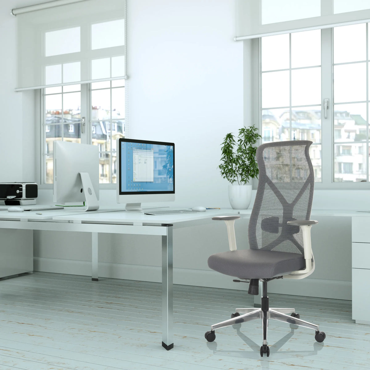 Silla de oficina profesional AZURRO WHITE gris con respaldo de malla y reposabrazos ajustables de hjh OFFICE