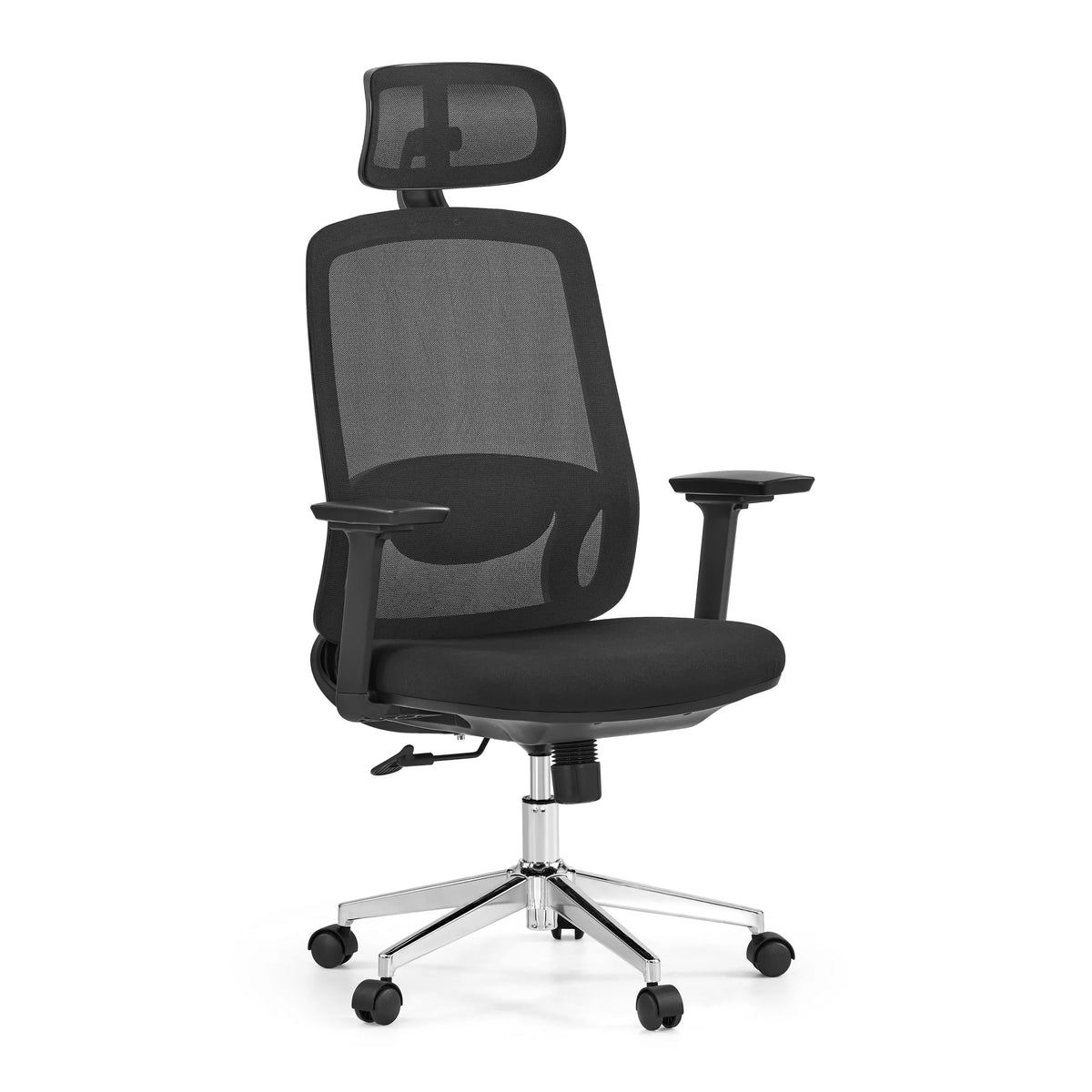Silla de oficina profesional Ergosento en color negro con respaldo de malla, reposacabezas y base de cinco ruedas de hjh OFFICE – vista de 360° (vista frontal en diagonal 30°)