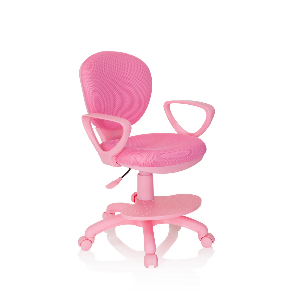 Silla giratoria para niños KID COLOUR rosa con reposabrazos y base de cinco ruedas de hjh OFFICE – vista de 360° (vista frontal en diagonal 40°)