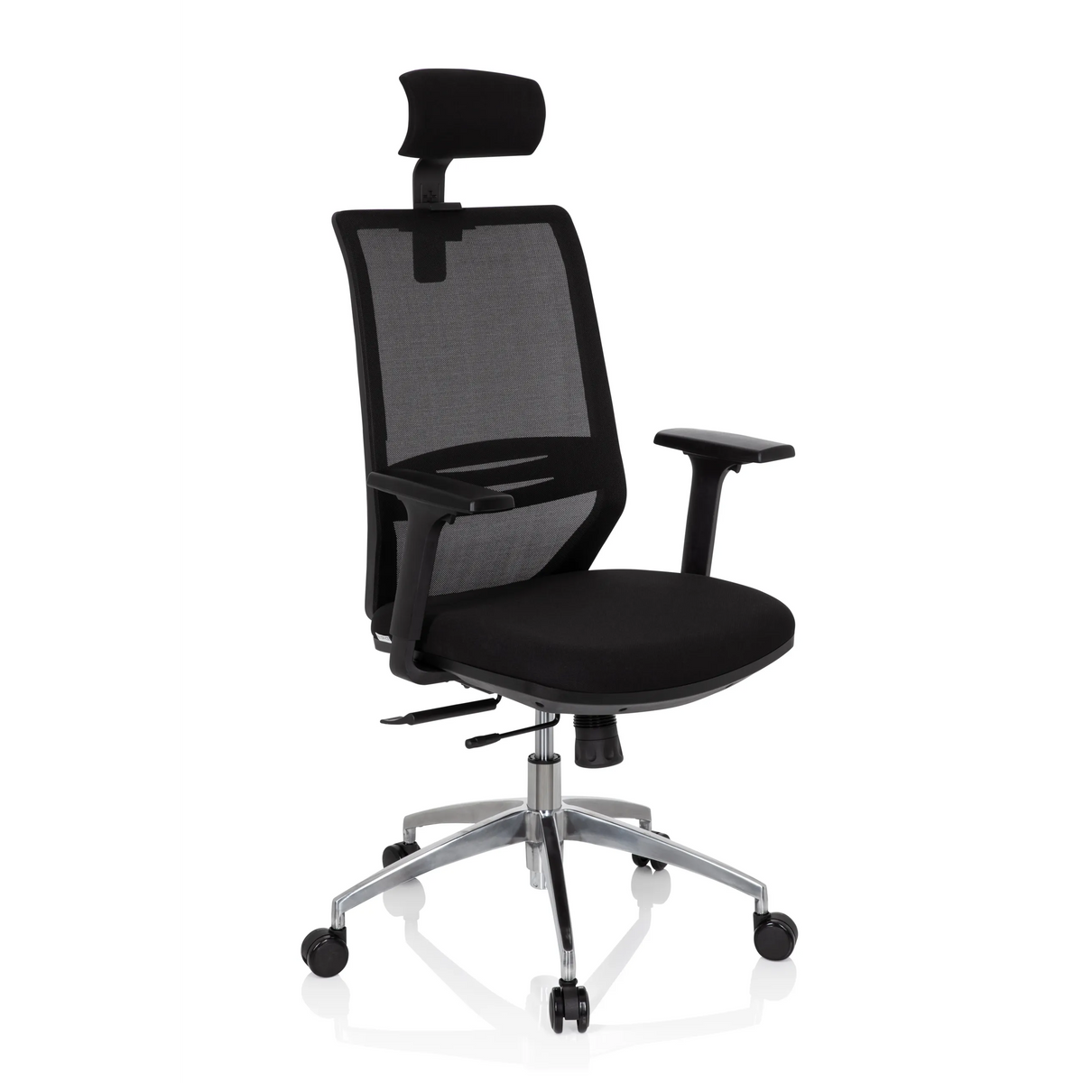 Silla de oficina profesional PROFONDO PRO negra con respaldo de malla, reposacabezas y base de cinco ruedas de hjh OFFICE – vista de 360° (vista frontal en diagonal 40°)