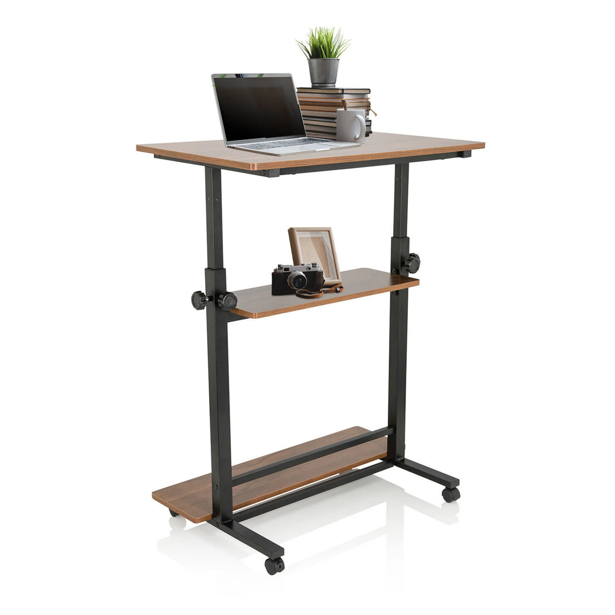 escritorio de pie WORKSTATION II en negro y nogal con dos superficies de almacenamiento y ruedas de hjh OFFICE