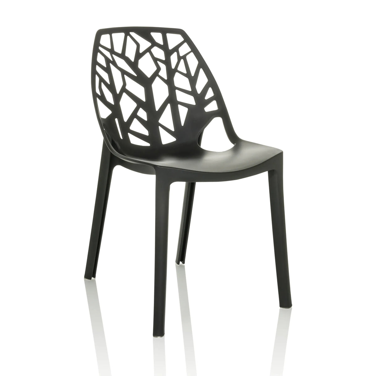 Silla de exterior ARTIFO TRI negra con respaldo perforado de aspecto orgánico de hjh OFFICE – vista de 360° (vista frontal en diagonal 30°)