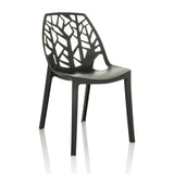 Silla de exterior ARTIFO TRI negra con respaldo perforado de aspecto orgánico de hjh OFFICE – vista de 360° (vista frontal en diagonal 30°)