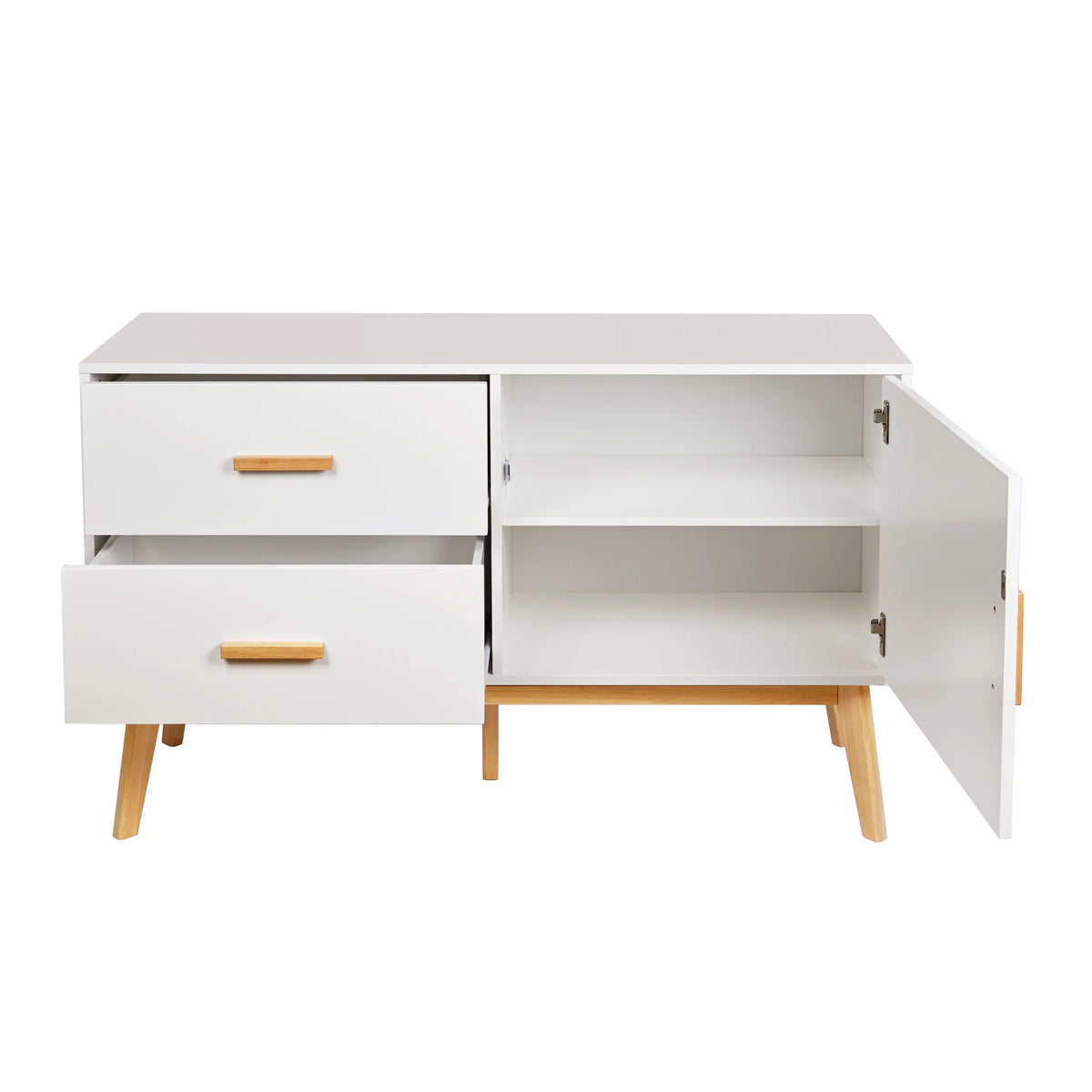 Aparador blanco TAROLO con dos cajones, un compartimento con puerta abierta y patas de madera de hjh LIVING