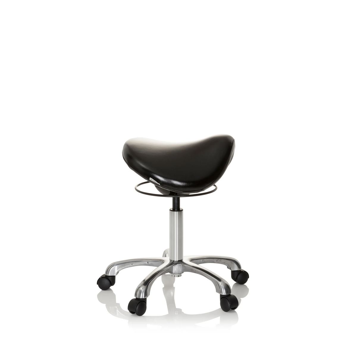 Taburete de silla de montar ORTHO SIT negro con cruceta para pies y cinco ruedas de hjh OFFICE – vista de 360° (vista lateral 80°)