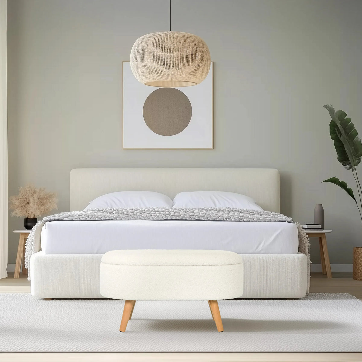 Banco blanco STORIANO con tapizado de tela y cuatro patas de madera clara de hjh LIVING