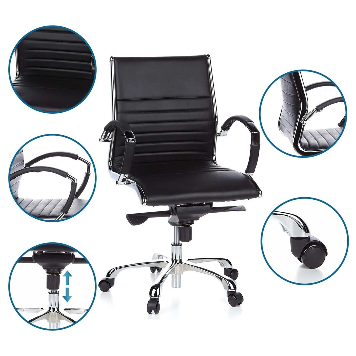 Sillón de oficina profesional PARMA 10 en negro con vistas detalladas del tapizado, reposabrazos, ruedas y pistón de gas de hjh OFFICE