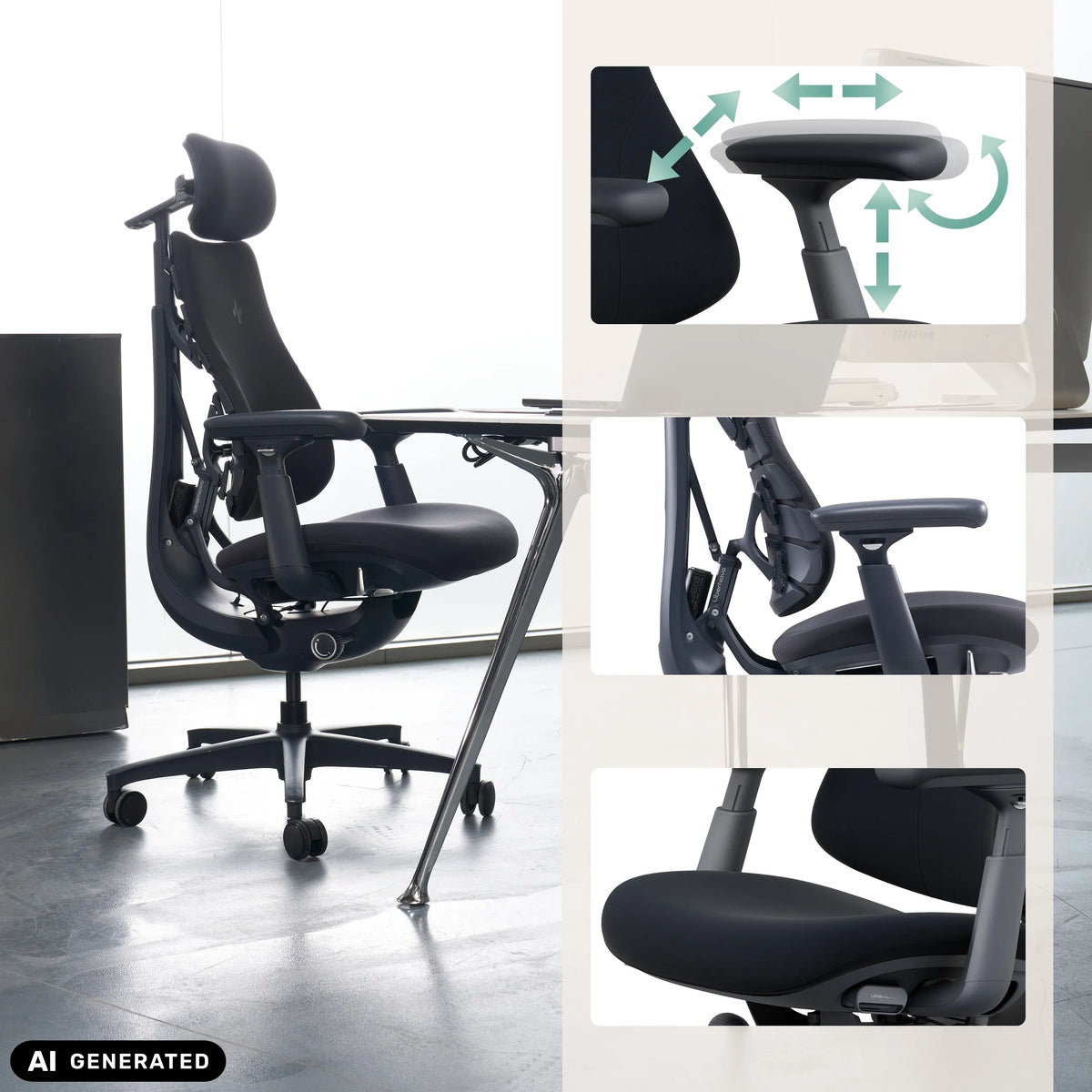Reposabrazos 4D de la silla alta gama LiberNovo Omni en negro de Libernovo (imagen generada por IA)