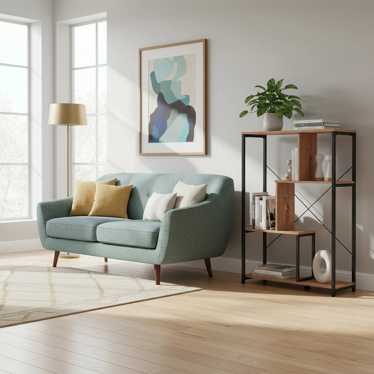 estante Kalag Eco en negro y roble con estructura metálica abierta y estantes de madera en un salón de hjh LIVING