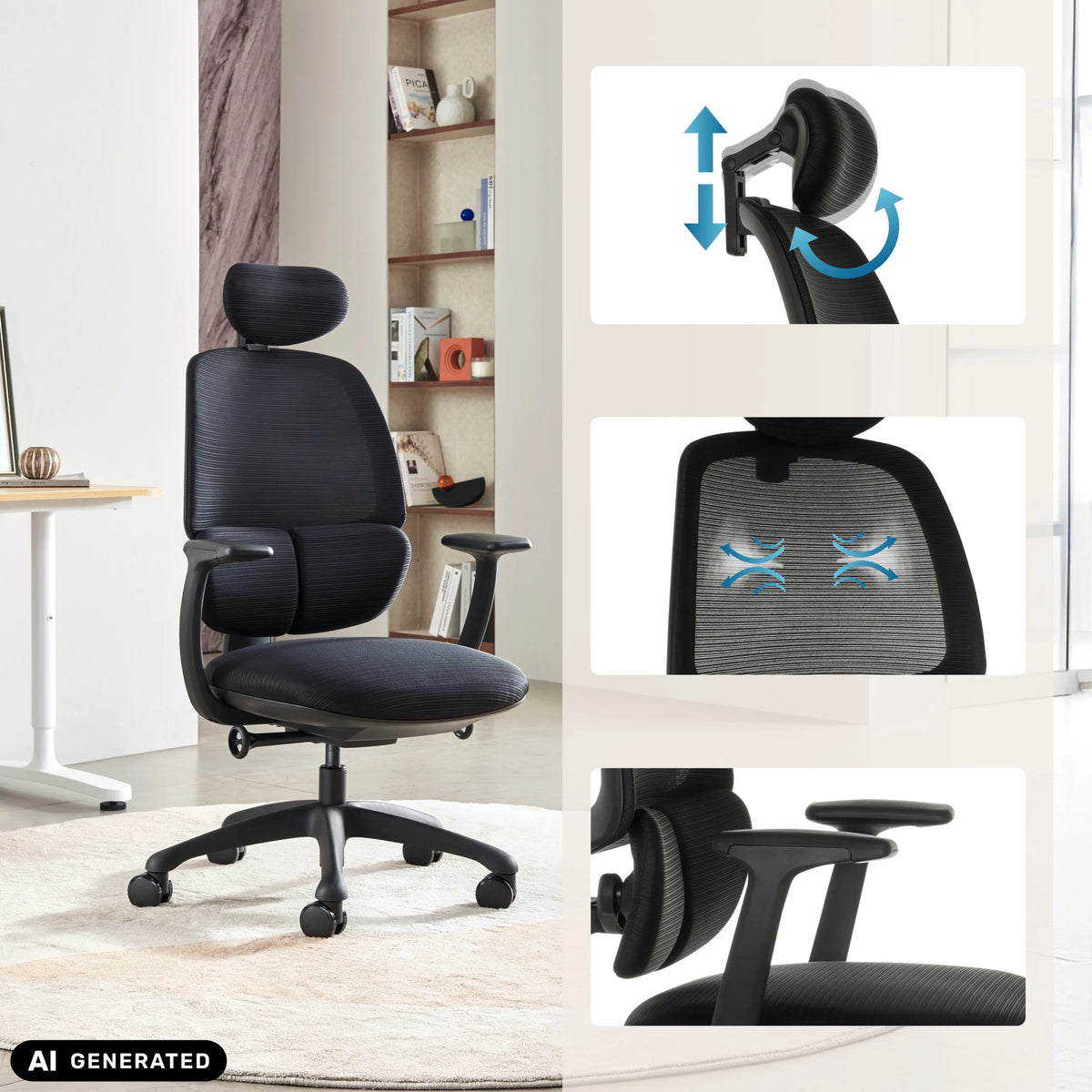 Silla de oficina profesional RI-COVER en negro con reposacabezas y reposabrazos ajustables de hjh OFFICE (imagen generada por IA)