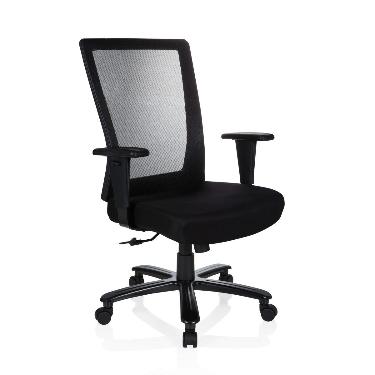 Schwarzer Drehstuhl XXL EXTENDER mit Netzrücken und Fußkreuz mit fünf Rollen von hjh OFFICE – 360-Grad-Ansicht (schräge Frontansicht 40°)