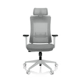Silla de oficina profesional COMFIO WMH gris con respaldo de malla, reposacabezas y base de cinco ruedas de hjh OFFICE – vista de 360° (vista frontal 0°)