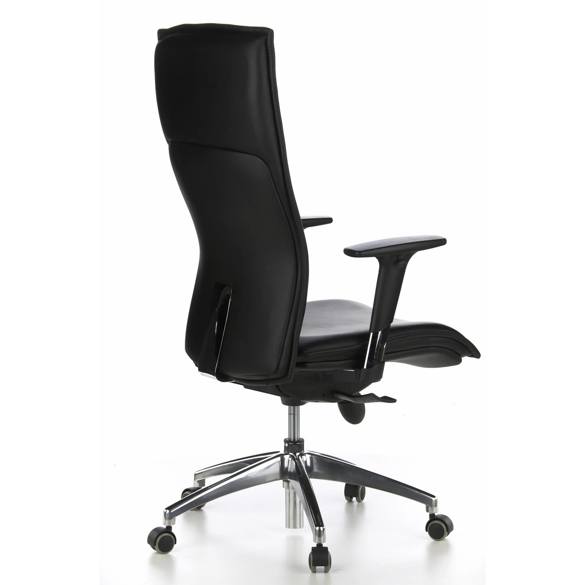Sillón de alta gama MURANO 20 negro con reposabrazos y base de cinco ruedas de hjh OFFICE – vista de 360° (vista trasera en diagonal 120°)