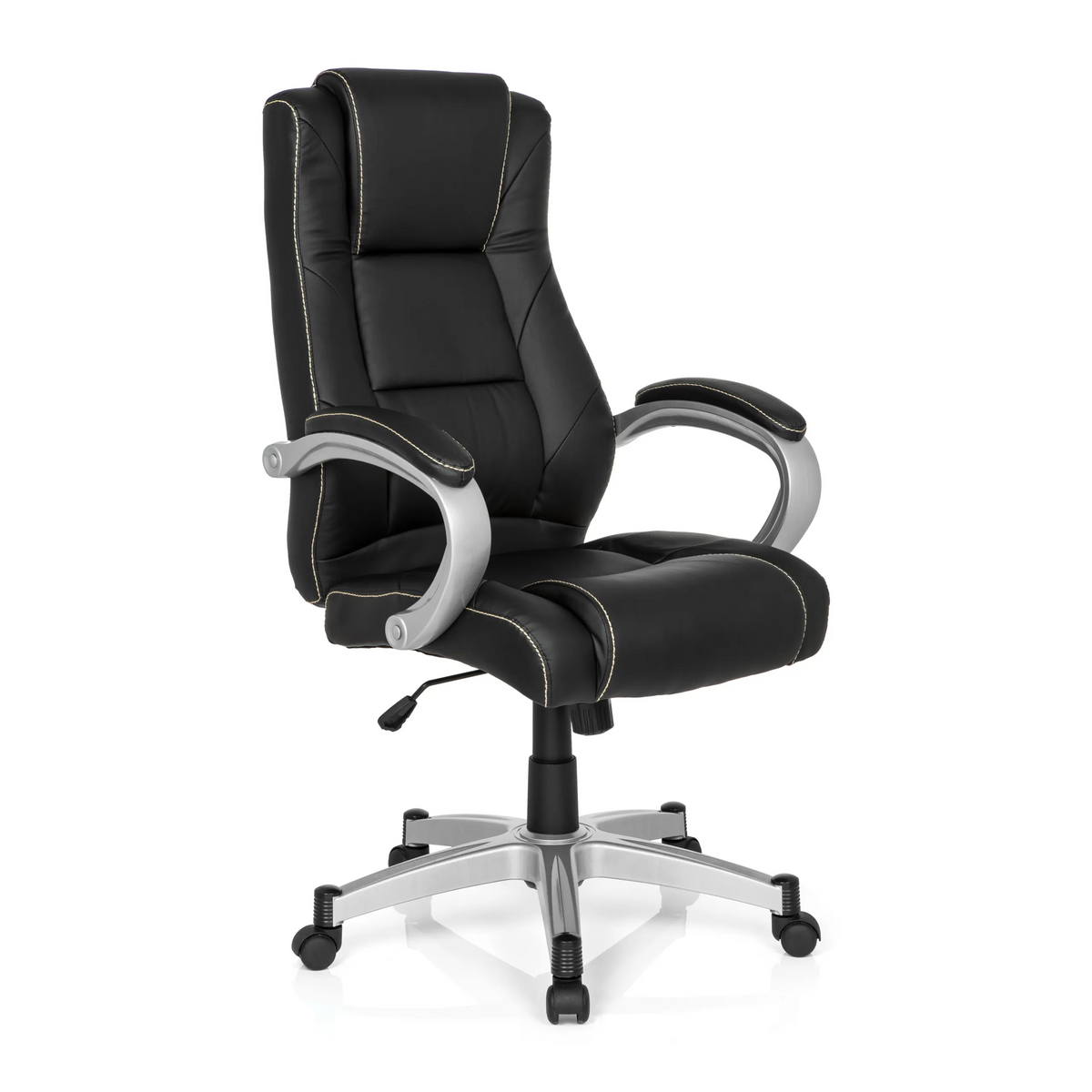 Silla gaming RELAX CL180 negra con acolchado y base de cinco ruedas de MyBuero – vista de 360° (vista frontal en diagonal 40°)